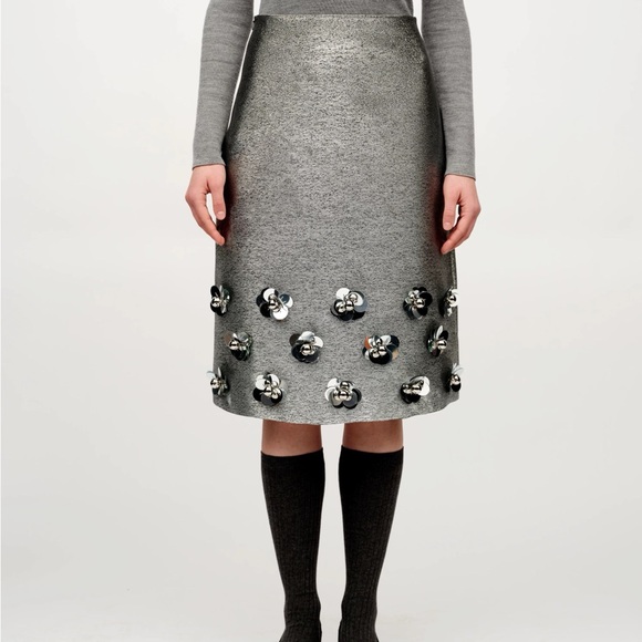 SERRER floral sequin & beads embellished a-line midi skirt with side zipper